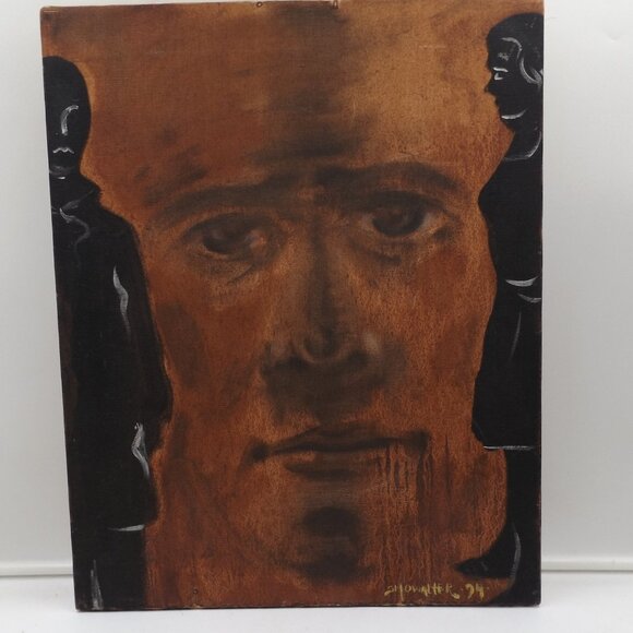 Vintage Surrealist Painting by Showalter (1974) – 20x16 Abstract Face with Silho - Picture 2 of 5